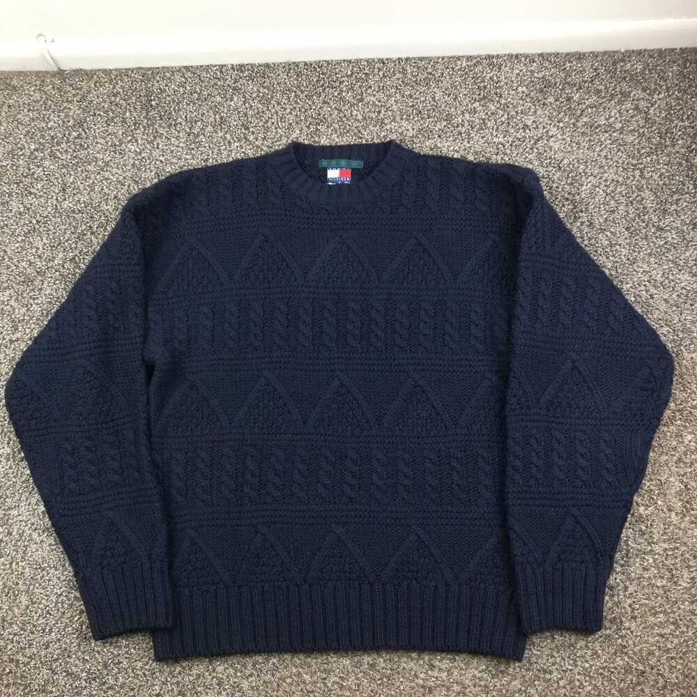 Vintage 90s Tommy Hilfiger Sweater Wool Fisherman Cable Knit Blue Mens Small